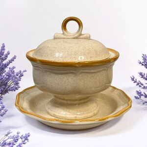 Vintage Mikasa Garden Club Sugar Bowl w/ Lid & Underplate Stoneware Beige Japan